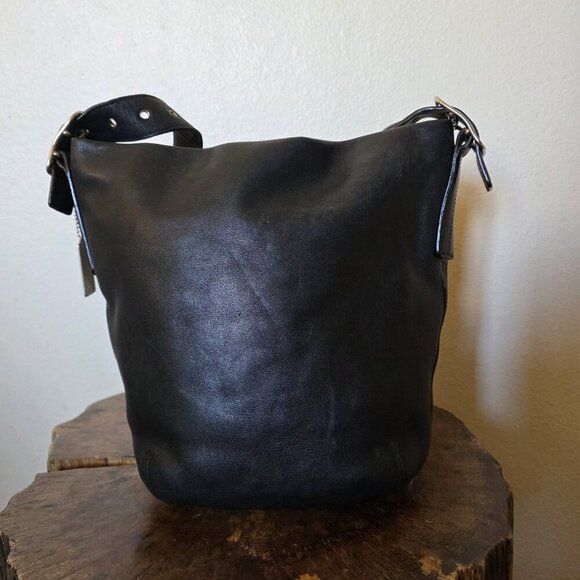 Vintage Coach Legacy Gloved Tan 9186 Black Leather Bucket Shoulder Bag Hobo - Picture 8 of 16